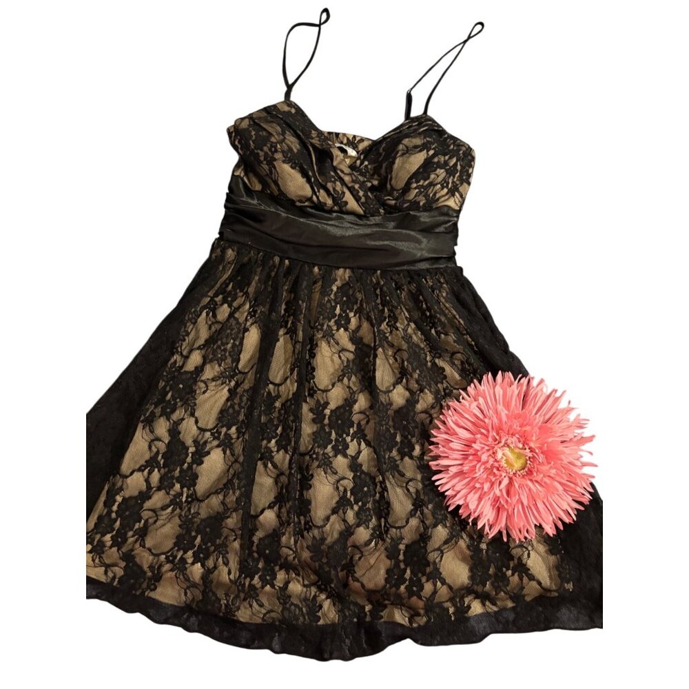 Speechless Lace Empire Waist Cocktail Dress With Nude Underlay & Ribbon Detail M